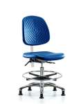 Class 10 Polyurethane Clean Room Chair - Medium Bench Height with Medium Back, Chrome Foot Ring, & Stationary Glides in Blue Polyurethane CLR-PMBCH-MB-CR-CF-RG-BLU