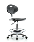 Class 10 Erie Polyurethane Clean Room Chair - High Bench Height with Chrome Foot Ring & Casters in Black Polyurethane CLR-TPHBCH-CR-A0-CF-CC-BLK