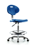 Class 10 Erie Polyurethane Clean Room Chair - High Bench Height with Chrome Foot Ring & Casters in Blue Polyurethane CLR-TPHBCH-CR-A0-CF-CC-BLU