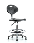 Class 10 Erie Polyurethane Clean Room Chair - High Bench Height with Chrome Foot Ring & Stationary Glides in Black Polyurethane CLR-TPHBCH-CR-A0-CF-RG-BLK