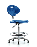 Class 10 Erie Polyurethane Clean Room Chair - High Bench Height with Chrome Foot Ring & Stationary Glides in Blue Polyurethane CLR-TPHBCH-CR-A0-CF-RG-BLU