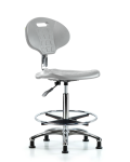 Class 10 Erie Polyurethane Clean Room Chair - High Bench Height with Chrome Foot Ring & Stationary Glides in Gray Polyurethane CLR-TPHBCH-CR-A0-CF-RG-GRY
