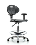 Class 10 Erie Polyurethane Clean Room Chair - High Bench Height with Adjustable Arms, Chrome Foot Ring, & Casters in Black Polyurethane CLR-TPHBCH-CR-A1-CF-CC-BLK