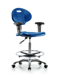 Class 10 Erie Polyurethane Clean Room Chair - High Bench Height with Adjustable Arms, Chrome Foot Ring, & Casters in Blue Polyurethane CLR-TPHBCH-CR-A1-CF-CC-BLU