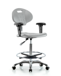 Class 10 Erie Polyurethane Clean Room Chair - High Bench Height with Adjustable Arms, Chrome Foot Ring, & Casters in Gray Polyurethane CLR-TPHBCH-CR-A1-CF-CC-GRY