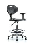 Class 10 Erie Polyurethane Clean Room Chair - High Bench Height with Adjustable Arms, Chrome Foot Ring & Stationary Glides in Black Polyurethane CLR-TPHBCH-CR-A1-CF-RG-BLK