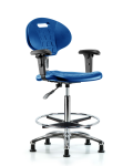 Class 10 Erie Polyurethane Clean Room Chair - High Bench Height with Adjustable Arms, Chrome Foot Ring & Stationary Glides in Blue Polyurethane CLR-TPHBCH-CR-A1-CF-RG-BLU
