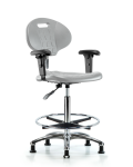 Class 10 Erie Polyurethane Clean Room Chair - High Bench Height with Adjustable Arms, Chrome Foot Ring & Stationary Glides in Gray Polyurethane CLR-TPHBCH-CR-A1-CF-RG-GRY