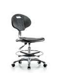 Class 10 Erie Polyurethane Clean Room Chair - Medium Bench Height with Chrome Foot Ring & Casters in Black Polyurethane CLR-TPMBCH-CR-A0-CF-CC-BLK