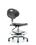 Class 10 Erie Polyurethane Clean Room Chair - Medium Bench Height with Chrome Foot Ring & Stationary Glides in Black Polyurethane CLR-TPMBCH-CR-A0-CF-RG-BLK