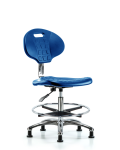 Class 10 Erie Polyurethane Clean Room Chair - Medium Bench Height with Chrome Foot Ring & Stationary Glides in Blue Polyurethane CLR-TPMBCH-CR-A0-CF-RG-BLU