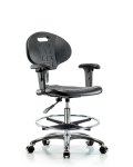 Class 10 Erie Polyurethane Clean Room Chair - Medium Bench Height with Adjustable Arms, Chrome Foot Ring, & Casters in Black Polyurethane CLR-TPMBCH-CR-A1-CF-CC-BLK