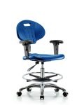 Class 10 Erie Polyurethane Clean Room Chair - Medium Bench Height with Adjustable Arms, Chrome Foot Ring, & Casters in Blue Polyurethane CLR-TPMBCH-CR-A1-CF-CC-BLU