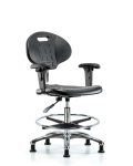 Class 10 Erie Polyurethane Clean Room Chair - Medium Bench Height with Adjustable Arms, Chrome Foot Ring & Stationary Glides in Black Polyurethane CLR-TPMBCH-CR-A1-CF-RG-BLK