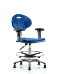 Class 10 Erie Polyurethane Clean Room Chair - Medium Bench Height with Adjustable Arms, Chrome Foot Ring & Stationary Glides in Blue Polyurethane CLR-TPMBCH-CR-A1-CF-RG-BLU