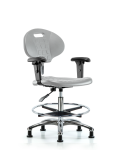 Class 10 Erie Polyurethane Clean Room Chair - Medium Bench Height with Adjustable Arms, Chrome Foot Ring & Stationary Glides in Gray Polyurethane CLR-TPMBCH-CR-A1-CF-RG-GRY