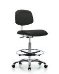 Class 10 Clean Room Vinyl Chair Chrome - High Bench Height with Chrome Foot Ring & Casters in Black Trailblazer Vinyl CLR-VHBCH-CR-CF-CC-8540