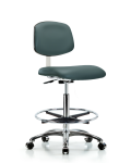 Class 10 Clean Room Vinyl Chair Chrome - High Bench Height with Chrome Foot Ring & Casters in Colonial Blue Trailblazer Vinyl CLR-VHBCH-CR-CF-CC-8546