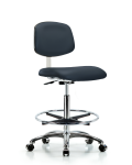 Class 10 Clean Room Vinyl Chair Chrome - High Bench Height with Chrome Foot Ring & Casters in Imperial Blue Trailblazer Vinyl CLR-VHBCH-CR-CF-CC-8582