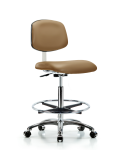 Class 10 Clean Room Vinyl Chair Chrome - High Bench Height with Chrome Foot Ring & Casters in Taupe Trailblazer Vinyl CLR-VHBCH-CR-CF-CC-8584