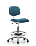 Class 10 Clean Room Vinyl Chair Chrome - High Bench Height with Chrome Foot Ring & Casters in Marine Blue Supernova Vinyl CLR-VHBCH-CR-CF-CC-8801