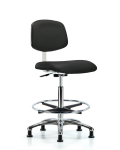Class 10 Clean Room Vinyl Chair Chrome - High Bench Height with Chrome Foot Ring & Stationary Glides in Black Trailblazer Vinyl CLR-VHBCH-CR-CF-RG-8540