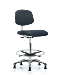 Class 10 Clean Room Vinyl Chair Chrome - High Bench Height with Chrome Foot Ring & Stationary Glides in Imperial Blue Trailblazer Vinyl CLR-VHBCH-CR-CF-RG-8582