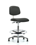 Class 10 Clean Room Vinyl Chair Chrome - High Bench Height with Chrome Foot Ring & Stationary Glides in Charcoal Trailblazer Vinyl CLR-VHBCH-CR-CF-RG-8605