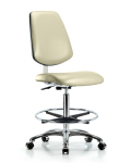 Class 10 Clean Room Vinyl Chair Chrome - High Bench Height with Medium Back, Chrome Foot Ring, & Casters in Adobe White Trailblazer Vinyl CLR-VHBCH-MB-CR-CF-CC-8501