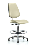 Class 10 Clean Room Vinyl Chair Chrome - High Bench Height with Medium Back, Chrome Foot Ring, & Stationary Glides in Adobe White Trailblazer Vinyl CLR-VHBCH-MB-CR-CF-RG-8501