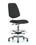 Class 10 Clean Room Vinyl Chair Chrome - High Bench Height with Medium Back, Chrome Foot Ring, & Stationary Glides in Black Trailblazer Vinyl CLR-VHBCH-MB-CR-CF-RG-8540