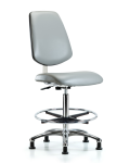 Class 10 Clean Room Vinyl Chair Chrome - High Bench Height with Medium Back, Chrome Foot Ring, & Stationary Glides in Dove Trailblazer Vinyl CLR-VHBCH-MB-CR-CF-RG-8567
