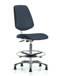 Class 10 Clean Room Vinyl Chair Chrome - High Bench Height with Medium Back, Chrome Foot Ring, & Stationary Glides in Imperial Blue Trailblazer Vinyl CLR-VHBCH-MB-CR-CF-RG-8582