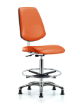 Class 10 Clean Room Vinyl Chair Chrome - High Bench Height with Medium Back, Chrome Foot Ring, & Stationary Glides in Orange Kist Trailblazer Vinyl CLR-VHBCH-MB-CR-CF-RG-8613