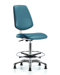 Class 10 Clean Room Vinyl Chair Chrome - High Bench Height with Medium Back, Chrome Foot Ring, & Stationary Glides in Marine Blue Supernova Vinyl CLR-VHBCH-MB-CR-CF-RG-8801
