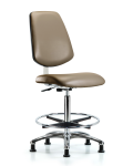 Class 10 Clean Room Vinyl Chair Chrome - High Bench Height with Medium Back, Chrome Foot Ring, & Stationary Glides in Taupe Supernova Vinyl CLR-VHBCH-MB-CR-CF-RG-8809
