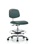 Class 10 Clean Room Vinyl Chair Chrome - Medium Bench Height with Chrome Foot Ring & Casters in Colonial Blue Trailblazer Vinyl CLR-VMBCH-CR-CF-CC-8546