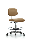 Class 10 Clean Room Vinyl Chair Chrome - Medium Bench Height with Chrome Foot Ring & Casters in Taupe Trailblazer Vinyl CLR-VMBCH-CR-CF-CC-8584