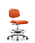 Class 10 Clean Room Vinyl Chair Chrome - Medium Bench Height with Chrome Foot Ring & Casters in Orange Kist Trailblazer Vinyl CLR-VMBCH-CR-CF-CC-8613