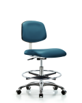 Class 10 Clean Room Vinyl Chair Chrome - Medium Bench Height with Chrome Foot Ring & Casters in Marine Blue Supernova Vinyl CLR-VMBCH-CR-CF-CC-8801
