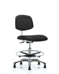 Class 10 Clean Room Vinyl Chair Chrome - Medium Bench Height with Chrome Foot Ring & Stationary Glides in Black Trailblazer Vinyl CLR-VMBCH-CR-CF-RG-8540