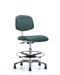 Class 10 Clean Room Vinyl Chair Chrome - Medium Bench Height with Chrome Foot Ring & Stationary Glides in Colonial Blue Trailblazer Vinyl CLR-VMBCH-CR-CF-RG-8546