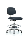 Class 10 Clean Room Vinyl Chair Chrome - Medium Bench Height with Chrome Foot Ring & Stationary Glides in Imperial Blue Trailblazer Vinyl CLR-VMBCH-CR-CF-RG-8582