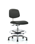 Class 10 Clean Room Vinyl Chair Chrome - Medium Bench Height with Chrome Foot Ring & Stationary Glides in Charcoal Trailblazer Vinyl CLR-VMBCH-CR-CF-RG-8605