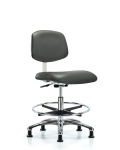 Class 10 Clean Room Vinyl Chair Chrome - Medium Bench Height with Chrome Foot Ring & Stationary Glides in Carbon Supernova Vinyl CLR-VMBCH-CR-CF-RG-8823