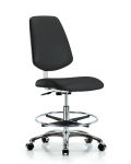 Class 10 Clean Room Vinyl Chair Chrome - Medium Bench Height with Medium Back, Chrome Foot Ring, & Casters in Black Trailblazer Vinyl CLR-VMBCH-MB-CR-CF-CC-8540