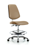 Class 10 Clean Room Vinyl Chair Chrome - Medium Bench Height with Medium Back, Chrome Foot Ring, & Casters in Taupe Trailblazer Vinyl CLR-VMBCH-MB-CR-CF-CC-8584