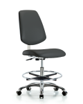 Class 10 Clean Room Vinyl Chair Chrome - Medium Bench Height with Medium Back, Chrome Foot Ring, & Casters in Charcoal Trailblazer Vinyl CLR-VMBCH-MB-CR-CF-CC-8605