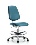 Class 10 Clean Room Vinyl Chair Chrome - Medium Bench Height with Medium Back, Chrome Foot Ring, & Casters in Marine Blue Supernova Vinyl CLR-VMBCH-MB-CR-CF-CC-8801