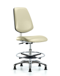 Class 10 Clean Room Vinyl Chair Chrome - Medium Bench Height with Medium Back, Chrome Foot Ring, & Stationary Glides in Adobe White Trailblazer Vinyl CLR-VMBCH-MB-CR-CF-RG-8501